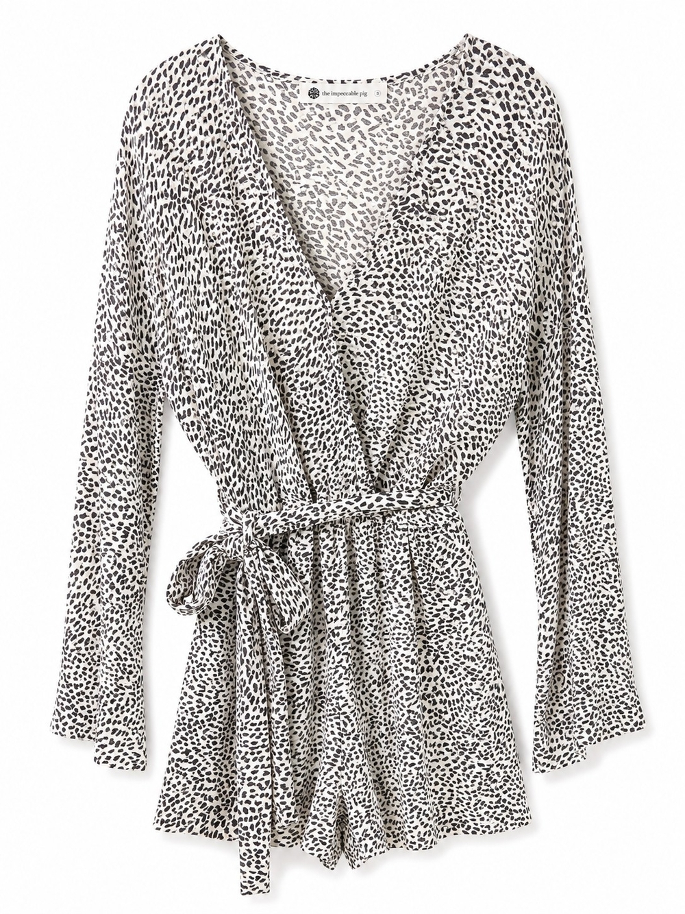 The Impeccable Pig Black White Animal Print Romper Tie Waist Long Sleeve Size Sm